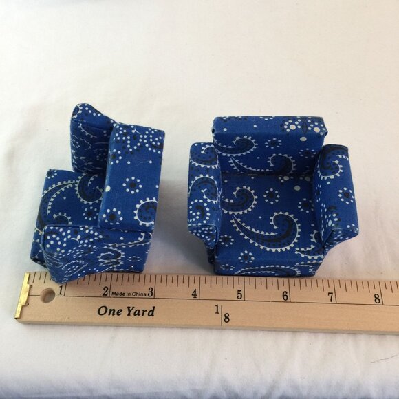 Miniature Dollhouse Blue Paisley Couch Arm Chair Set of 3 Wood Fabric Handmade - Picture 12 of 15